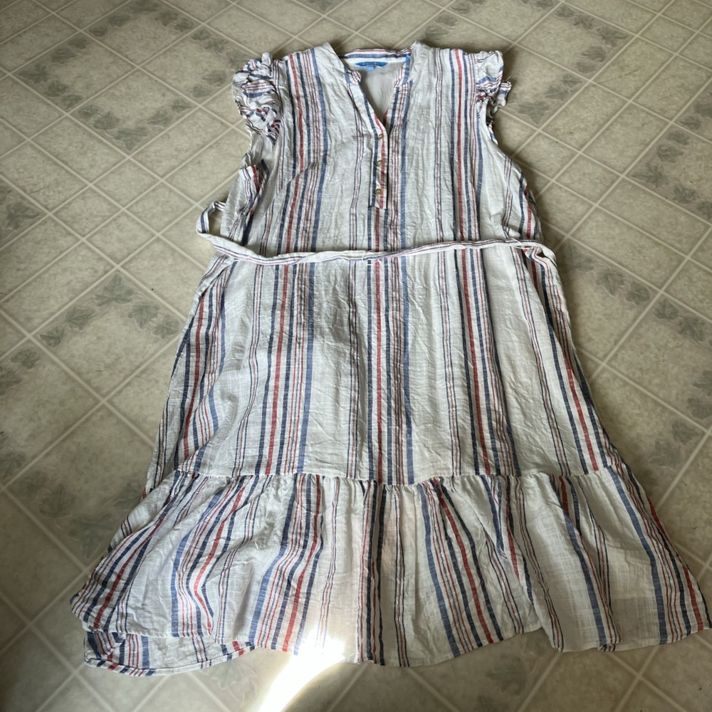 Draper James RSVP Red Blue Stripe Ruffle Tiered V Neck Tie Waist Dress Linen XL